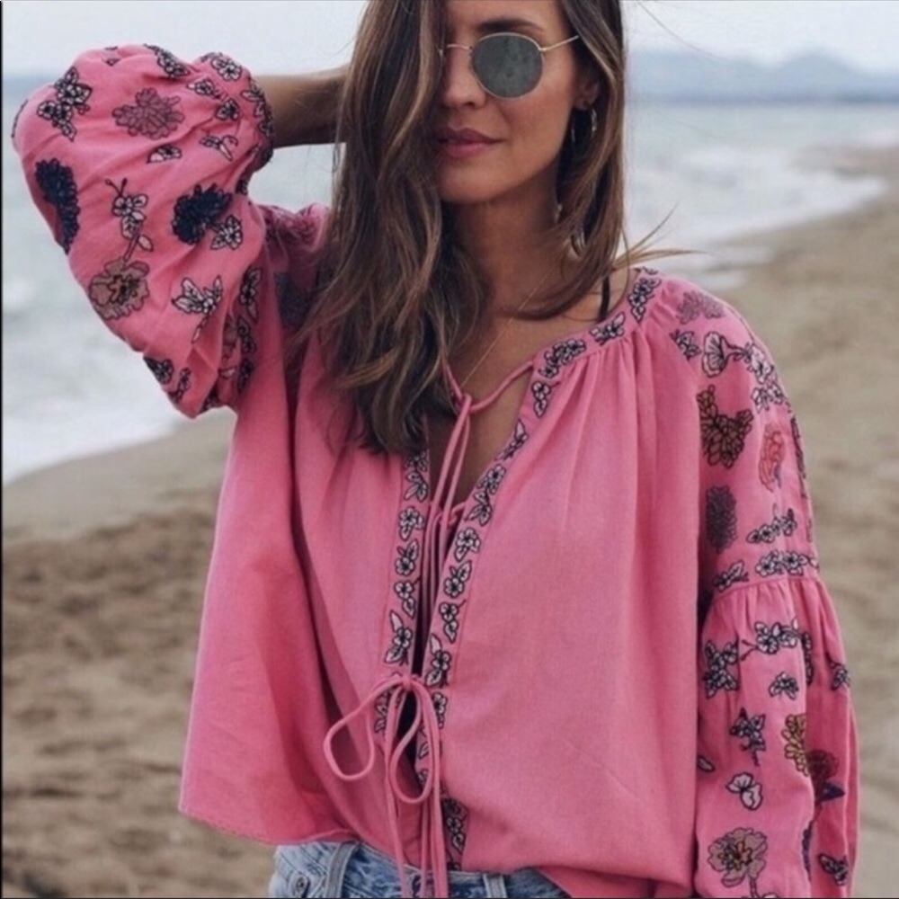 Zara Pink Embroidered Peasant Blouse